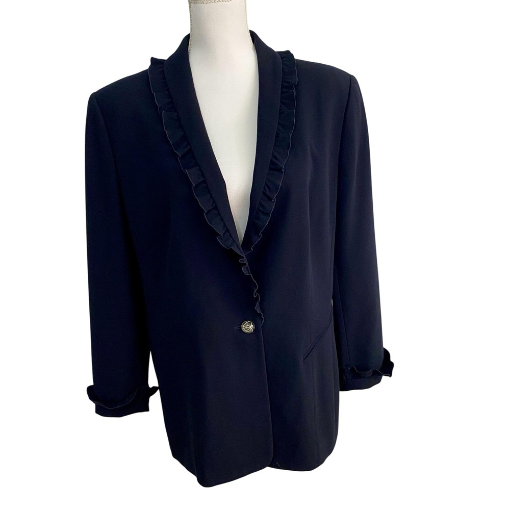 VTG Escada 100% Virgin Wool Ruffle Blazer Jacket Navy Blue | Size 44 US 14